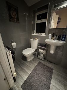 Photo of a slate grey bathroom installation, with a toilet, basin and vanity mirror visable.