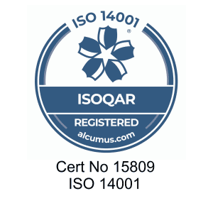 ISOQAR ISO14001 blue logo, representing certification for quality management standards.