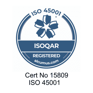 ISOQAR 45001 blue logo, representing certification for quality management standards.