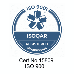 ISOQAR ISO 9001 blue logo, representing certification for quality management standards.