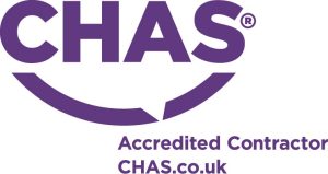 Purple CHAS logo with the text 'Accredited Contractor CHAS.co.uk' underneath, representing certification for health, safety, and risk management standards.