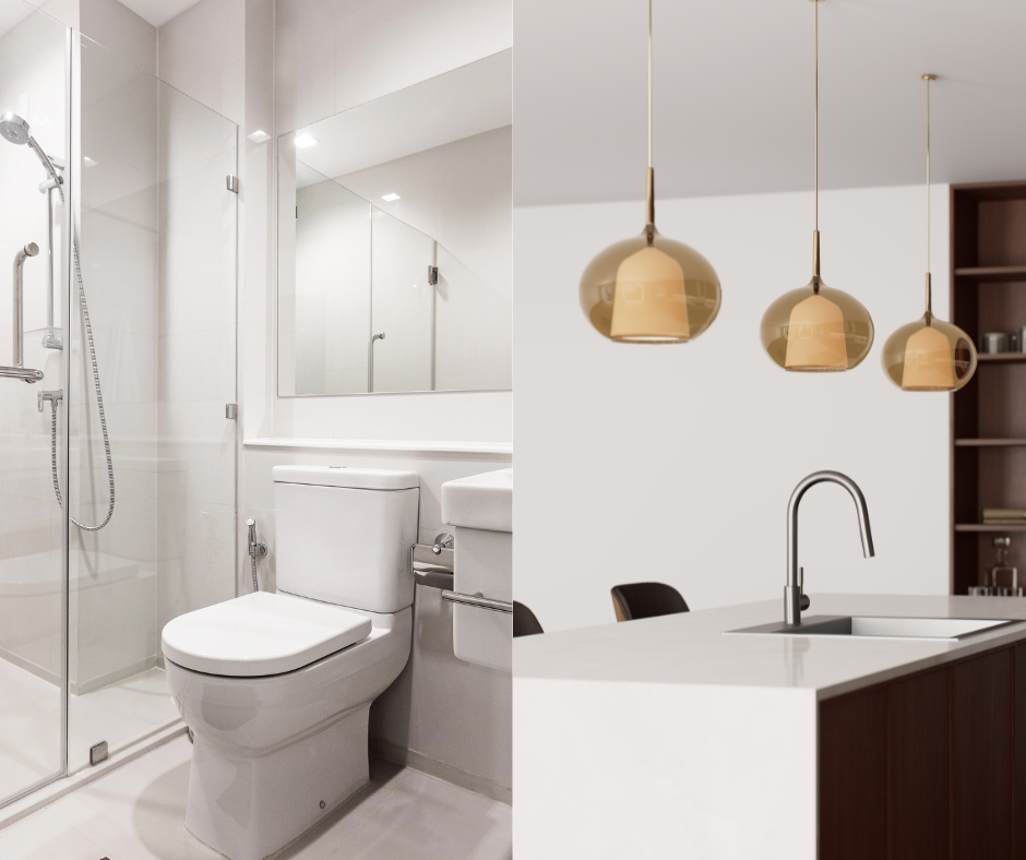 Modern bathroom with glass shower and toilet beside a contemporary kitchen with island sink and pendant lights.